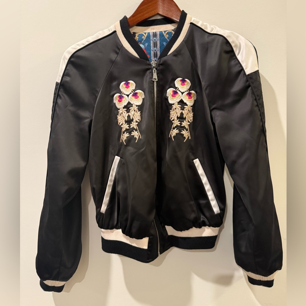 bebe Black and White Bomber Jacket with Floral Embroidery Size S